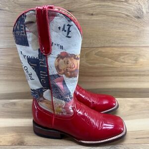 Ferrini Western Boots Womens 7.5 B Red Patent Leather Vintage Print Square Toe